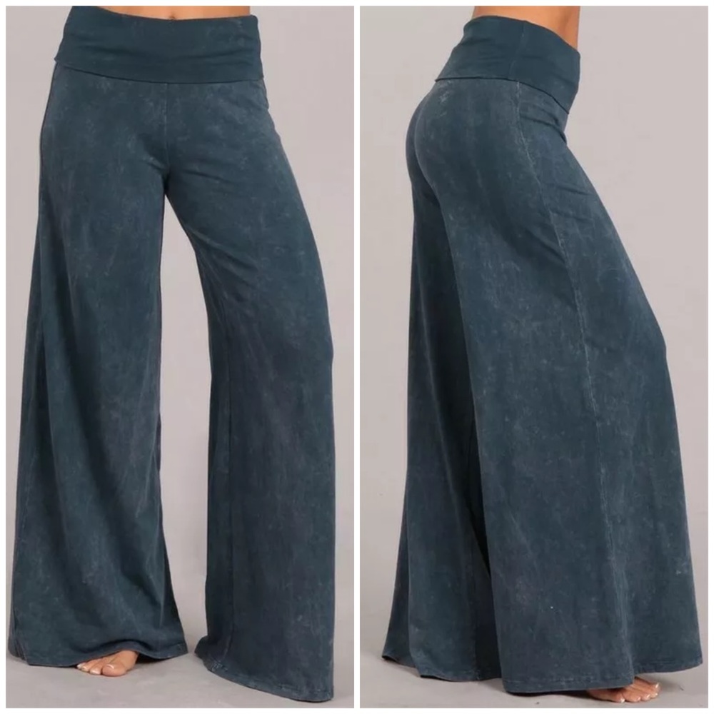 SOLD OUT Blue Gray Mineral Wash Wide Leg High Waist Palazzo Boho Casual Pull On - Picture 1 of 9